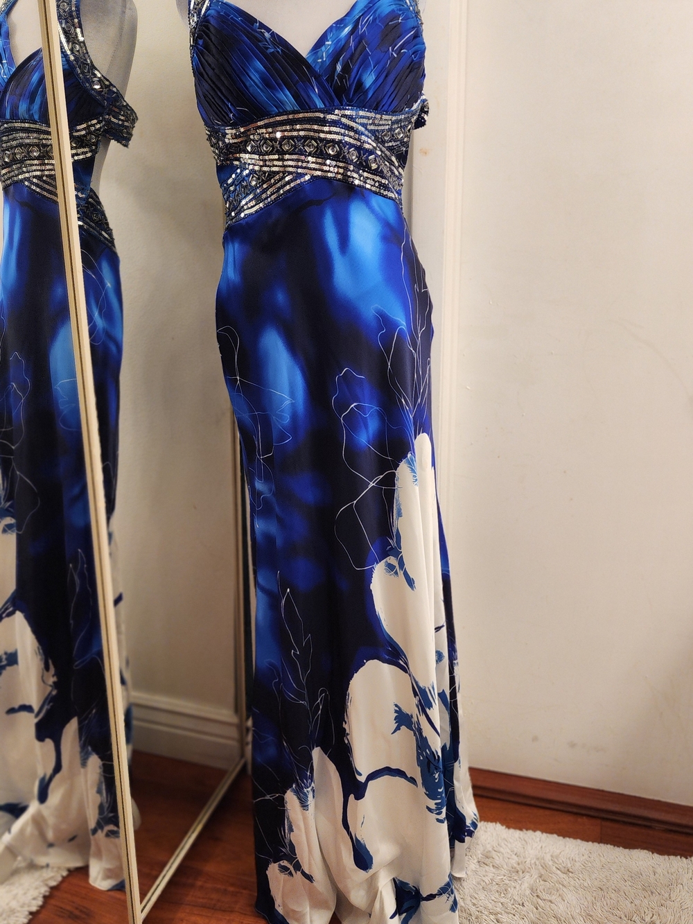 Cachet Royal Blue and White Evening Dress with Beaded Detail
